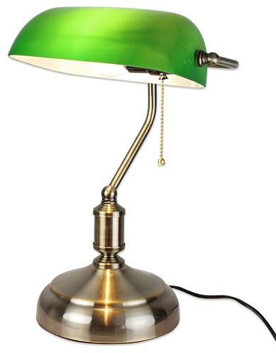 Fishtec - Lampe De Banquier Verte Vintage - Abat Jour Opaline Orientable Chaînette Pied Métal Doré - Lampe De Bureau Salon Chambre Bibliothèque Ambiance Rétro Style Années 20