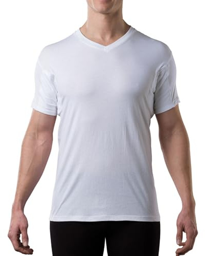 Men's Sweatproof Undershirt - Cotton V Neck T-Shirt with Underarm Sweat Pads - Original Fit - Aluminum-Free Alternative - White - Medium