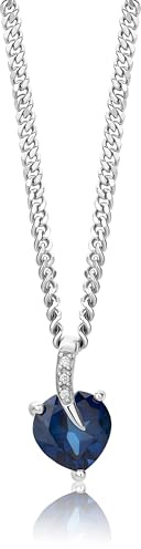 MIORE Collana Donna Argento, Catena con Ciondolo Cuore di Zaffiro e Diamanti Naturali in Argento Sterling 925. Gemma Taglio Cuore. Catenina Grumetta Cm 45. Pendente Donna anallergico.