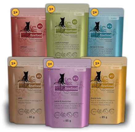 catz finefood Multipack 1, 12 x 85g Beutel, Feinkost Katzenfutter nass, Sorten Mix-Paket 1 mit Geflügel, Kalb, Hering, Wild, Lachs, Lamm, Kaninchen. (12 Stück) 1er Pack