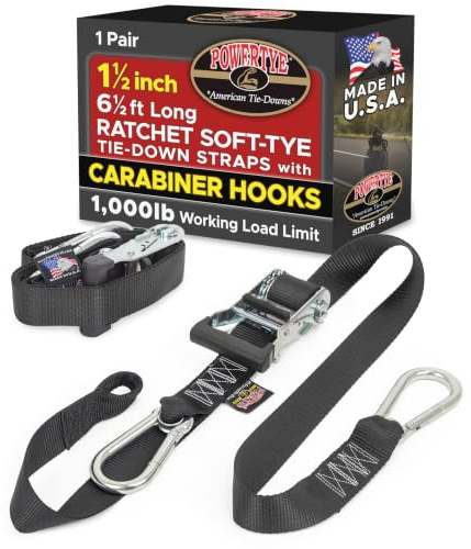 PowerTye 1.5in x 6.5ft Heavy Duty Ratchet Tie-Down Straps with Soft-Tye and Carabiner Hooks - 1,000 lb Working Load Limit / 3,000 lb Breaking Strength - Made in USA - Black/Black Pair