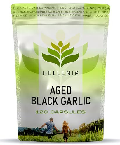 Aged Black Garlic 12,000mg - 120 Capsules | Black Aged Garlic Bulb Extract 100:1 | Antioxidant and Cholesterol Support | Vegan and Gluten Free - Made in The UK by Hellenia