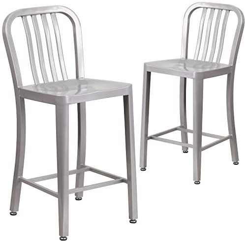 Flash Furniture Stuhl für den Außenbereich, verzinkter Stahl, Silber, 48,3 x 40 x 92,1 cm | Handelsübliche Qualität, für den Innen- und Außenbereich, vertikale Lamellenrückseite, Thekenhöhe