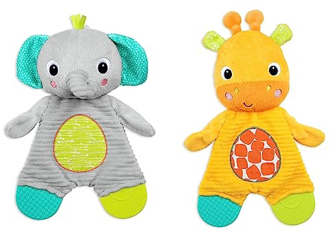 Bright Starts Snuggle & Teethe Plysch Bitring Leksak - Elefant eller Giraff Blandad (1 st, Stil kan variera), Åldrar Nyfödd +