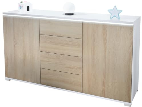 Vladon Buffet Dressoir Faro, Corps en Blanc Mat/Façades en chêne Brut (139 x 72 x 35)