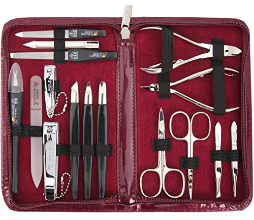 DREI SCHWERTER Germany Nagelvårdsset Cinisello 16 delar. Manikyr pedikyr resa etui set nagelset nagelnecessär, stålinstrument märkeskvalitet, manikyrset konst läder gåva (0071)