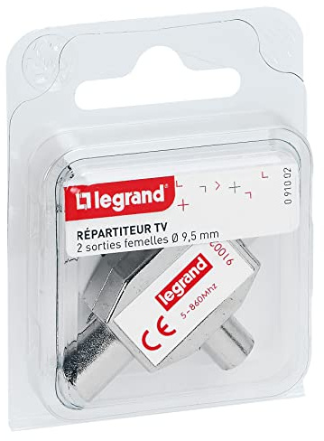 LEGRAND, Antennen-Verteiler, T-Kupplung, Zweigeräte-Verteiler, Standardverteiler für TV, geschirmter TV-Splitter 2-fach, 2 TV-Ausgänge (weiblich) und 1 TV-Eingang (männlich), Ø9,52mm, 091002