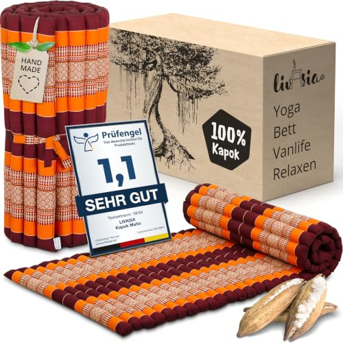 livasia Rollmatte Rollmatratze L-200x110x4,5cm, Gästebett Gästematratze 1 Person, Reisebett Kofferraum Outdoor, Thaimatte Kapok, Garten Balkon handgefertigt rubinrot