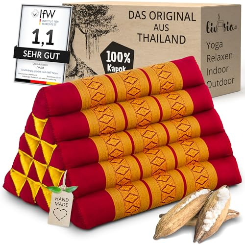 Livasia Coussin de Soutien Dorsal Ultra Haut - 38x55x35cm - Coussin Triangulaire pour Le Jardin et Le Balcon, Coussin en biseau en kapok, Faits Main, Coussin de méditation (Rouge/Jaune)