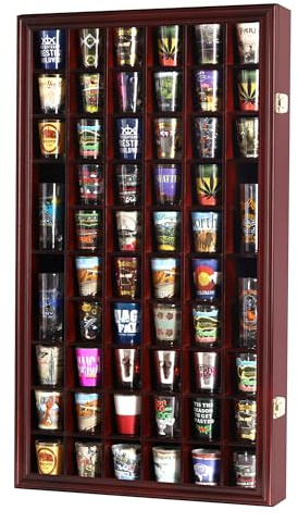 Shot Glass Display Case Cabinet Wall Rack Holder Shadow Box Lockable with UV Protection Acrylic Glass Door Shot Glass Collection Display with 56 Slots (Cherry Finish)