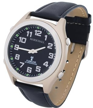 Marschall Deutsch sprechende Herren Funk-Armbanduhr I 1130L I Für Blinde, Senioren und Sehbehinderte I Datum- und Zeitansage I Extra große Zeiger I Schwarzes Lederarmband