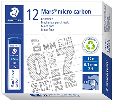 STAEDTLER 250 07-2H Mars Micro Feinminen, Minendurchmesser 0.7 mm, 2H, 12 Stück, graphitgrau