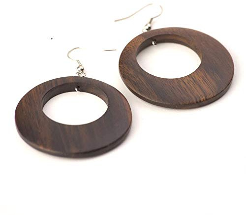 81stgeneration Große Creolen aus 925er Sterlingsilber für Damen, 45 mm | Handgefertigte Ohrringe mit Braunen Holzscheiben | Natürliche Tropfenohrringe | 60er Jahre Accessoires | Mod Statement Ohrringe