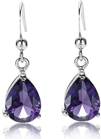 [RIZILIA TEARDROP] Dangle Pierced Earrings with Pear Cut Gemstones CZ [Purple Amethyst] in 18K White Gold Plated, Simple Modern Elegance
