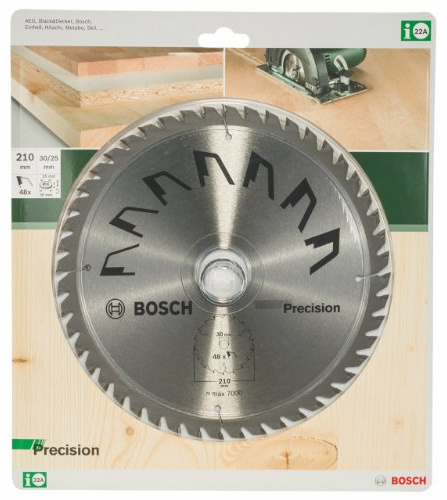 Bosch 1x Kreissägeblatt Precison (Sägeblatt für Holz, Ø 210 x 2.5/1.5 x 30/25 mm, 48 Zähne, ATB, mit 1x Reduzierring 25 mm, Zubehör Kreissäge)