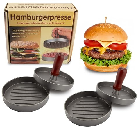 MaxxGoods Burgerpresse 2er Set aus Aluminium Guss Ø 12cm Rund | Hamburgerpresse für Burger, Patties, BBQ | Antihaftbeschichtung | Abnehmbarer Holzgriff & Rillen | Paddy Maker (2er Set)