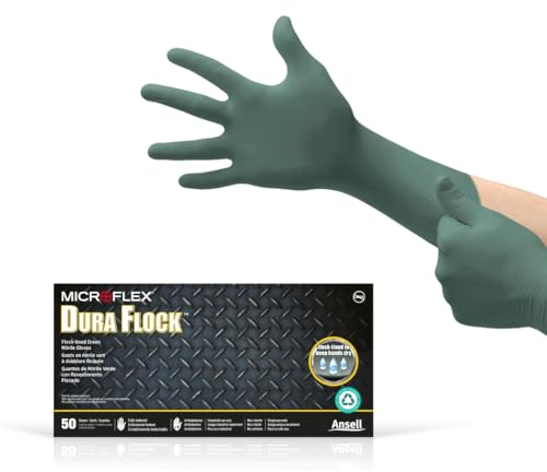 Ansell MICROFLEX Dura Flock DFK-608 Thick 11mil Nitrile Gloves for Automotive, Aftermarket, Machinery - XL, Green (Box of 50)