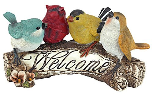 Design Toscano Cartello di benvenuto con uccelli Statua con Uccelli da Giardino, poliresina, a colori, 25,5 cm