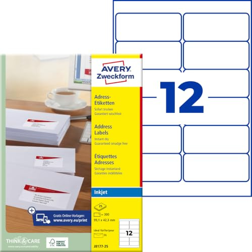 Avery Zweckform, J8177-25, 25 fogli, Etichette indirizzi per buste formato DIN, 99,1 x 42,3 mm
