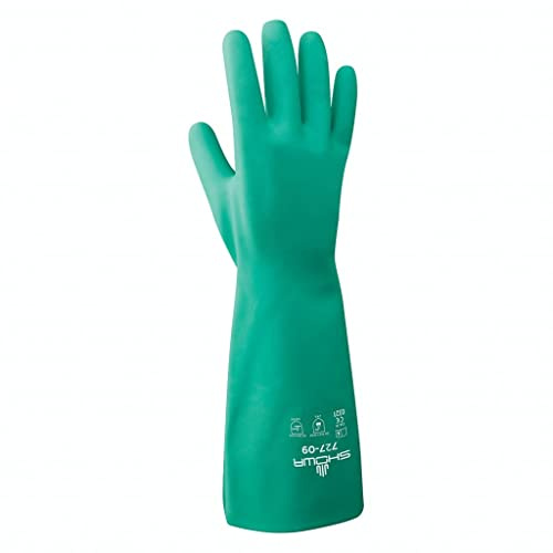 SHOWA 727 Chemical Resistant Gloves, 15-mil Unsupported Nitrile, 13-inch Extended Gauntlet, Bisque Grip, CE Cat III & Food Safe, Latex-Free, Green, XX-Large, 12-Pack