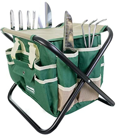 GardenHOME Set di Attrezzi da Giardino 7 Pezzi Kit Giardinaggio, Utensili da Giardino in Acciaio Inossidabile con Sgabello Pieghevole e Borsa