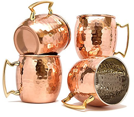 Dungri India - Juego de 4 tazas de cobre martillado (100% cobre puro, revestimiento de níquel, mango de latón