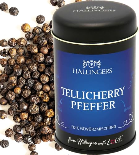 Hallingers Genuss Manufaktur Pfeffer Geschenk - Gourmet-Qualität zum Kochen in edler Geschenk-Dose Indischer Telli... für Lebkuchen, Salate & Fleisch, Geschenkidee für Frauen Männer