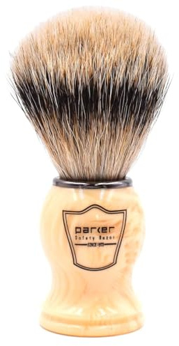 Parker Silvertip Badger Shaving Brush-Faux Ivory Resin Handle & Stand | 22mm Soft Knot for Rich Lather | Handcrafted Grooming Tool for Shave Soaps or Creams | Luxury Wet Shaving Brush | Iconic Brand
