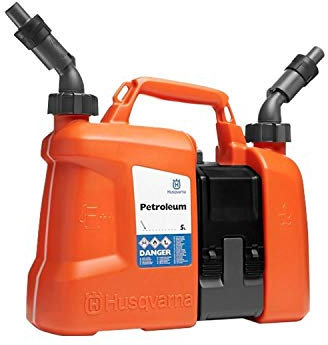 Husqvarna Kombikanister – 5L Kraftstoff & 2,5 L Öl, Dual-Kammer mit integriertem Werkzeugfach, auslaufsicheren Ausgüssen & UN-Zulassung für Kettensägen, Trimmer und Gartengeräte