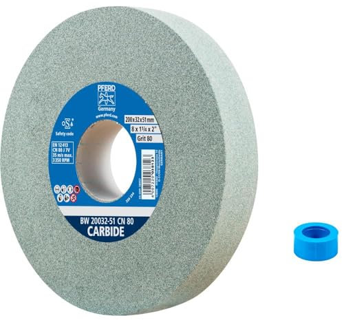 PFERD Schleifbockscheibe CARBIDE, 200x32x51mm, SiC 80, 39009728 – Weiche, aggressive Schleifscheibe für harte Materialien, z. B. Hartmetall, mit Reduzierhülse (32mm)