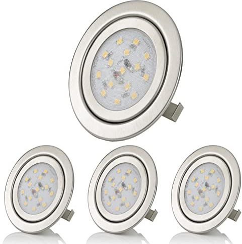 Sweet Led Möbel LED Einbaustrahler 12V flach, Bohrloch 60-68mm 3W Warmweiß, Möbeleinbauleuchte, G4 Einbauspot LED Spot 12v Spiegelschrank, Unterbauleuchte Küche, Chrom gebürstet 4er Pack