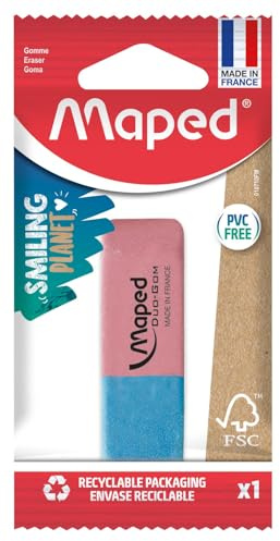 Maped - Duo-Gom medium suddgummi - PVC-fritt naturgummi - rosa och blått suddgummi - FSC-certifiering - 100% återvinningsbart papperspaket