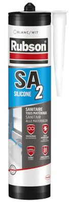 Rubson SA2 Sanitaire Blanc, Mastic silicone 2-en-1 pour émail et matériaux de synthèse, Joint sanitaire renforcé en antifongiques, finition lisse & brillante, 280 ml