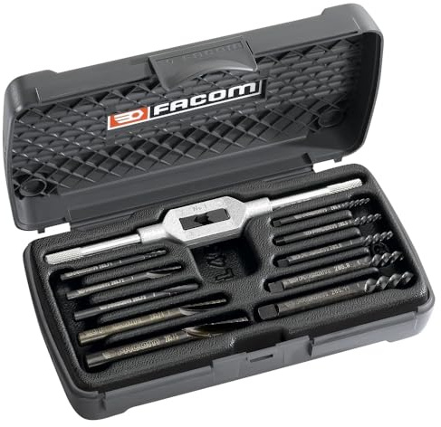 FACOM - Jeu d'Extracteurs de Goujons 11 Pièces - 285.J10 - Extraction de Vis, Filetage à Droite - Embouts Coniques et Clé à Tarauder - Coffret Robuste et Durable - Outillage à Main