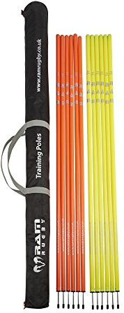Trainingsstangen-Set – 12 robuste 180 cm Lange Agility-Stangen aus PVC mit Metall-Bodenspikes, 6 gelbe und 6 orangefarbene für hohe Sichtbarkeit inklusive Tragetasche Canvas