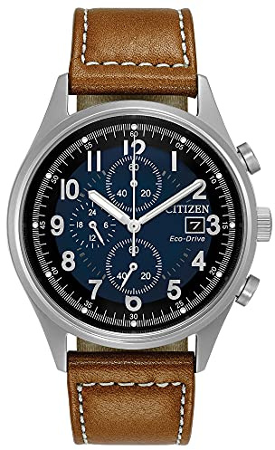 Citizen Men's Eco-Drive Weekender Garrison Chronograph Field Watch in Stainless Steel with Brown Leather Strap, Blue Dial (Model: CA0621-05L)