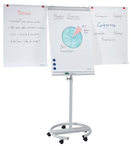 FRANKEN Flipchart, Beschreibbar, Magnetisch, Mobil, Mit Rollen und 2 Seitenarmen, Whiteboard mit Ständer, Papierhalterung und Stifteablage, 68 x 105 cm, ECO Mobil, F2400/N