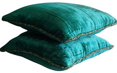 The HomeCentric 40x40 cm (16x16 inch) Square Decorative Square Throw Royal Peacock Green Velvet Cushion Cover with Bead Border, Solid Color Sofa Cushioncase, Modern - Royal Peacock Green Shimmer