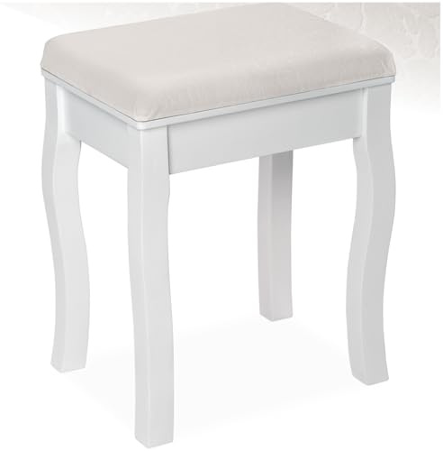 tectake® Taburete Tocador Maquillaje, Banqueta Dormitorio con Asiento Acolchado, Silla Tocador Maquillaje con Patas de Madera, Ideal para Piano y Vestidor Moderno - Blanco