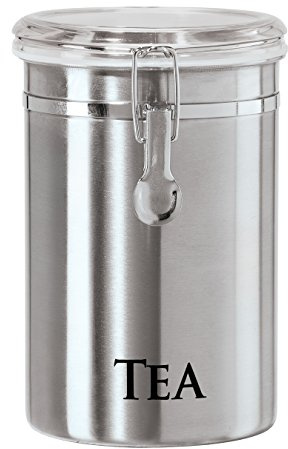 Oggi Stainless Steel Tea Canister 62 fl oz - Airtight Clamp Lid, Clear See-Thru Top - Ideal for Tea Bag, Loose Tea, Kitchen Storage, Pantry Storage. Large Size 5 x 7.5.