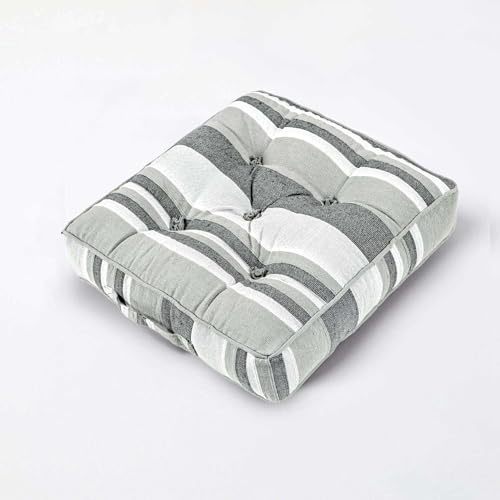 HOMESCAPES Cuscino da pavimento in 100% cotone a righe Marocco, grigio monocromatico, 40 x 40 x 8 cm, quadrato, per interni e giardino, sedia da pranzo