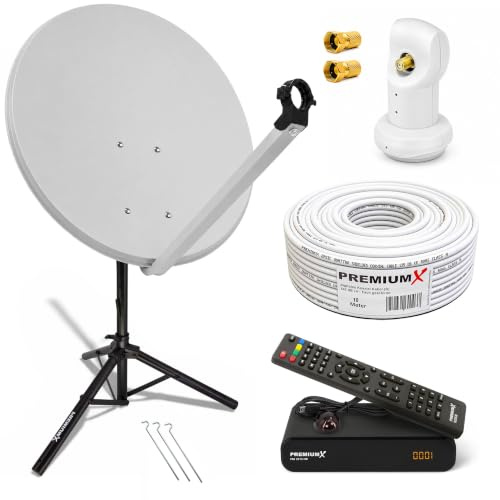 PremiumX Satelliten-Anlage 80cm Satellitenschüssel Stahl Hellgrau Single LNB Stativ Antennenkabel FullHD TV SAT-Receiver HDMI-Kabel