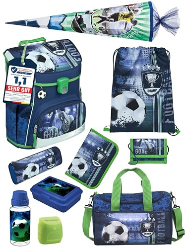 Familando - Scooli Campus Fit Schulranzen Set - 10-teilig mit Schultüte - Fußball Motiv Blau - Ergonomisch, Stabil & 980g leicht - 18L Volumen - Brustgurt & Reflektoren - Für Grundschule ab 1. Klasse