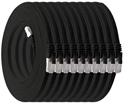 1aTTack.de 0,5m - schwarz - 10 Stück Cat7 Flachkabel Netzwerkkabel Cat 7 Rohkabel Gigabit Lan (10Gbit/s) Flachbandkabel Verlegekabel Patchkabel Flach Slim Rj 45 Stecker Cat6a