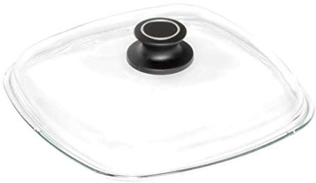 Eckiger AMT Gastroguss Glasdeckel mit Deckelknopf und AMT-Original-Banderole, 26 x 26 cm, passend für AMT Gastroguss Produkte (Eckpfannen), AMZN-E26-Z1-L2