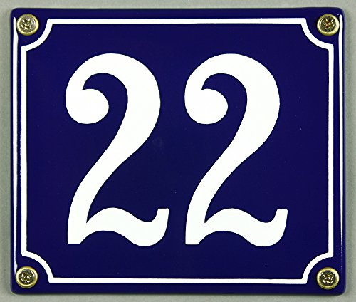 Emaille Hausnummernschild - Wählen Sie Ihre Nummer - Zahlen 1 bis 30 verfügbar - blau/weiß 12x12 cm und 12x14cm - sofort lieferbar! Hausnummer Schild wetterfest und lichtecht (22 blau/weiß 12x14cm)