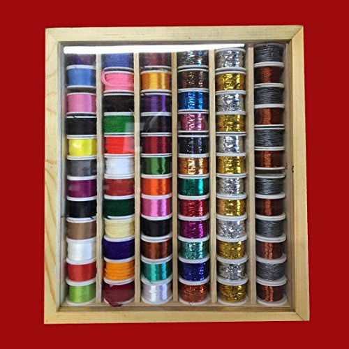 72 Grandes Bobine de Fil, Soie, Tinsel, Câbler et Laine, Multicolore, dans une Boîte en Bois, Montage de Mouches