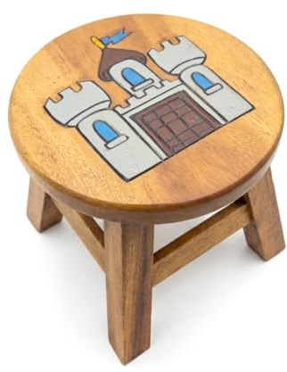 aquasensishop Budawi® Kinderhocker Kinderstuhl Hocker aus Holz | Kleiner Holzhocker für Kinder | Sitzhocker aus thailändischer Akazie | Sitzhöhe ca. 25 cm | Motiv Burg