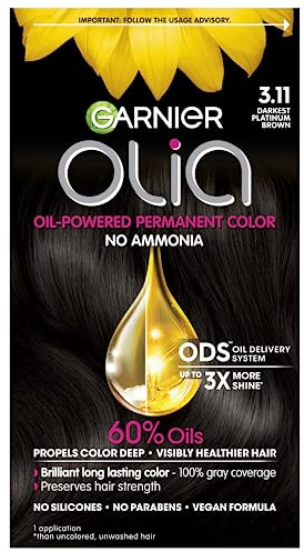 Garnier Olia Hair Color, Ammonia-Free Permanent Hair Dye, Oil-Powered Formula for 100% Gray Coverage and 3x Shinier Hair, Vegan & Cruelty Free, 3.11 Darkest Platinum Brown, 1 Count