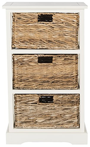 SAFAVIEH Home Collection – Halle Vintage White Storage Side Table with Wicker Baskets, Farmhouse Accent Storage, Fully Assembled (AMH5738B)